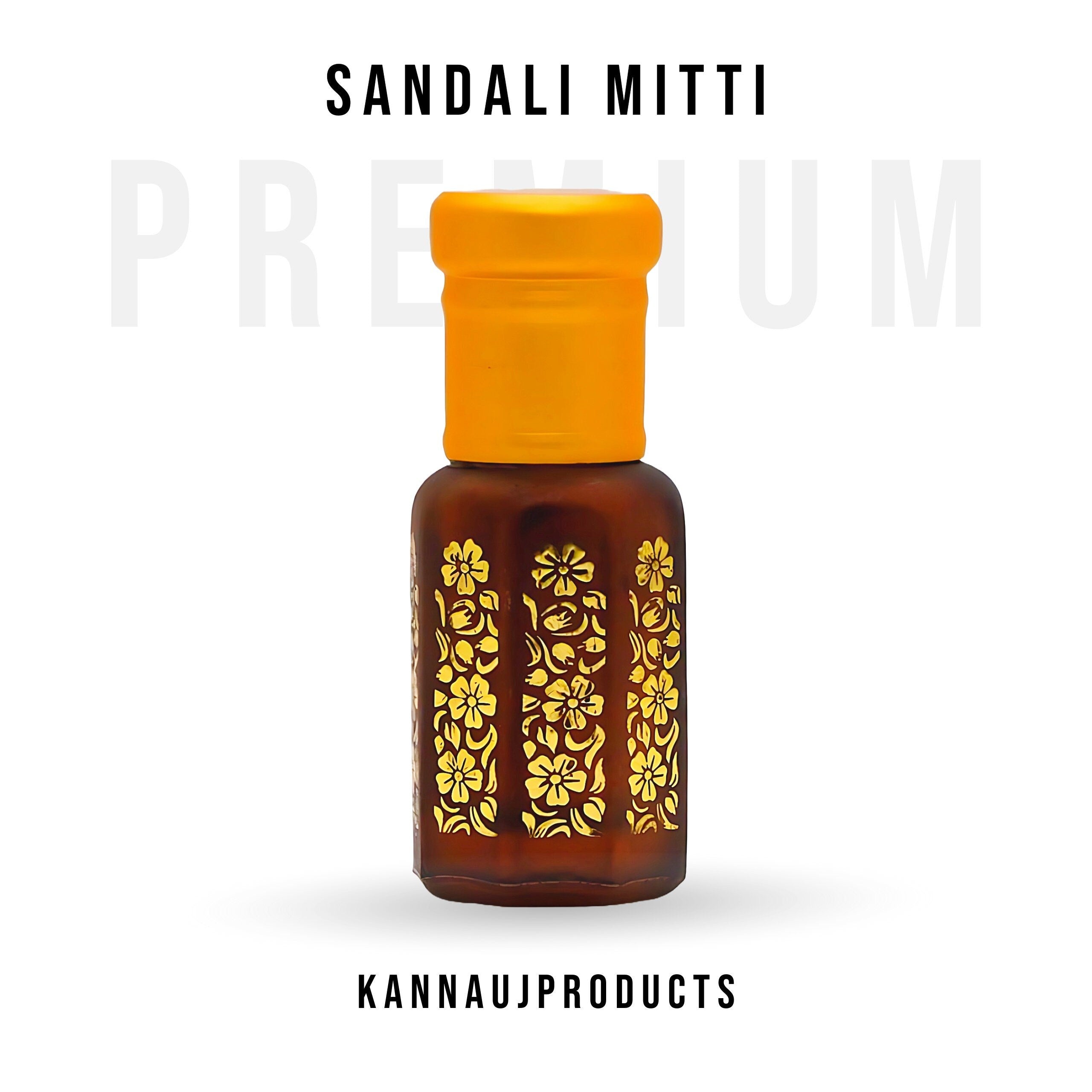 Kannauj Products sandalwood mitti attar in small brown glass bottle with yellow cap and gold floral design