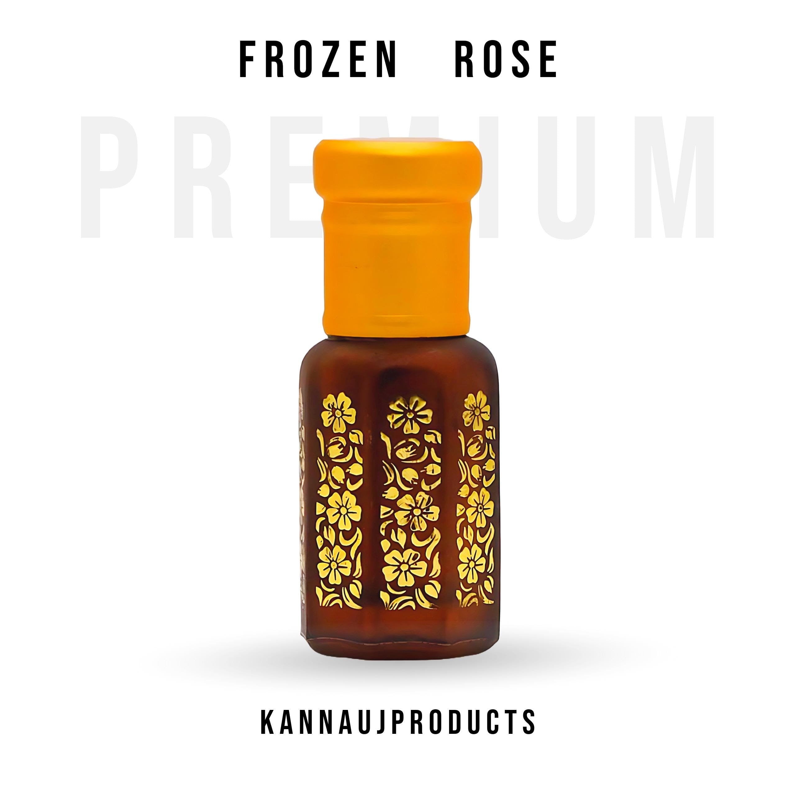 Kannauj Products premium rose attar oil in a small brown glass bottle with yellow cap and gold floral design