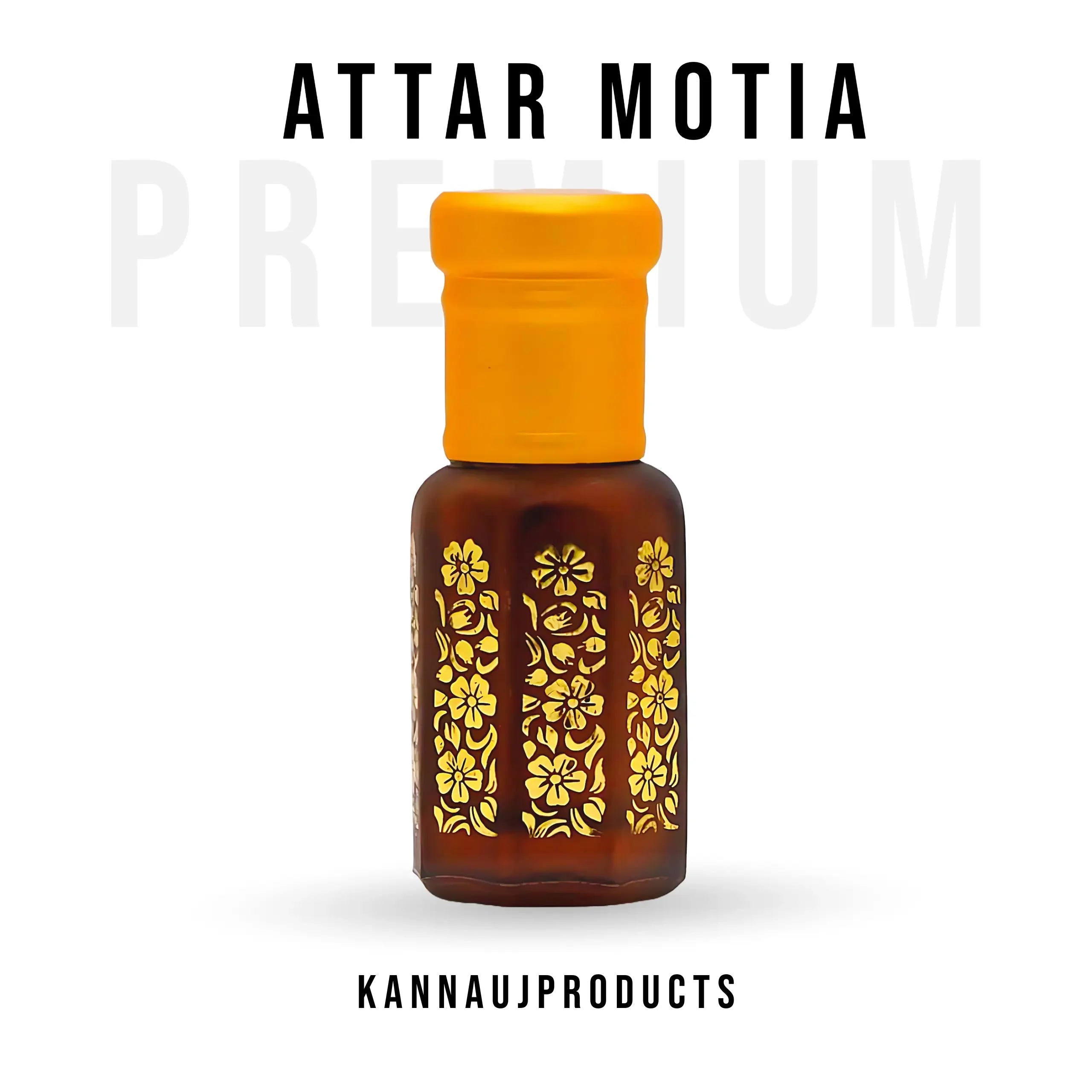 Kannauj products Attar Motia perfume in a brown bottle with yellow floral design and an orange cap