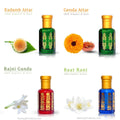 Kannauj Products floral attar combo pack four traditional Indian floral attars in green red blue decorative gold capped bottles