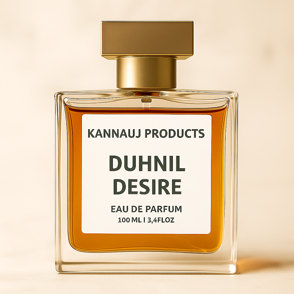 Kannauj Products duhnil desire eau de parfum bottle with golden cap and amber liquid inside