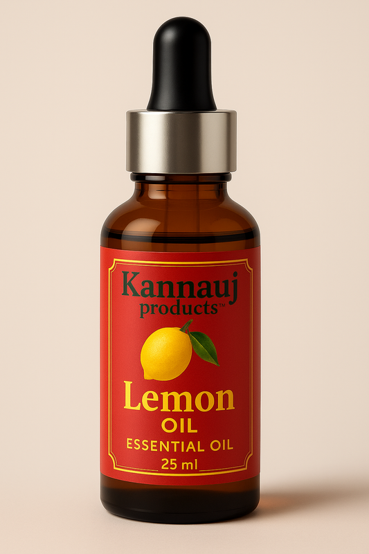 Kannauj Products 25 ml amber dropper bottle of pure lemon essential oil with lemon label