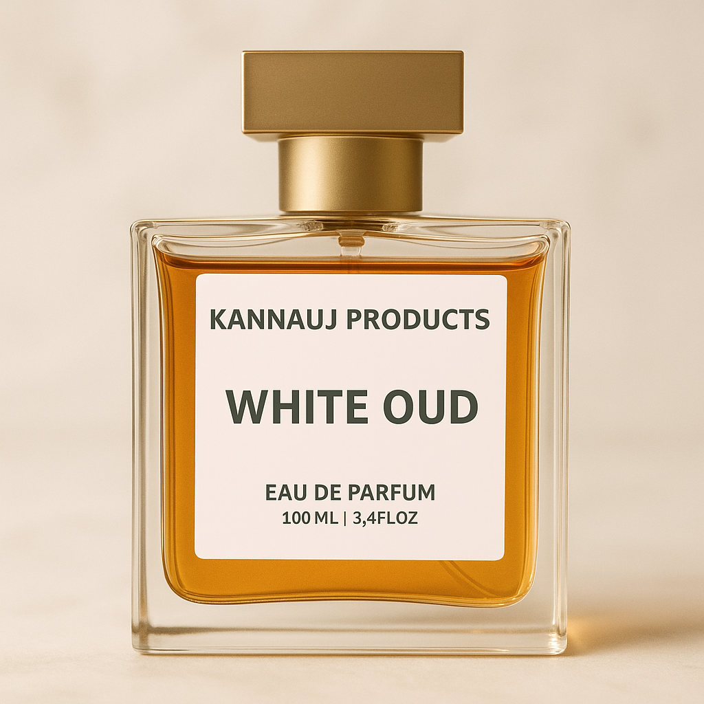 Kannauj Products white oud perfume 100ml in a clear glass bottle with gold cap