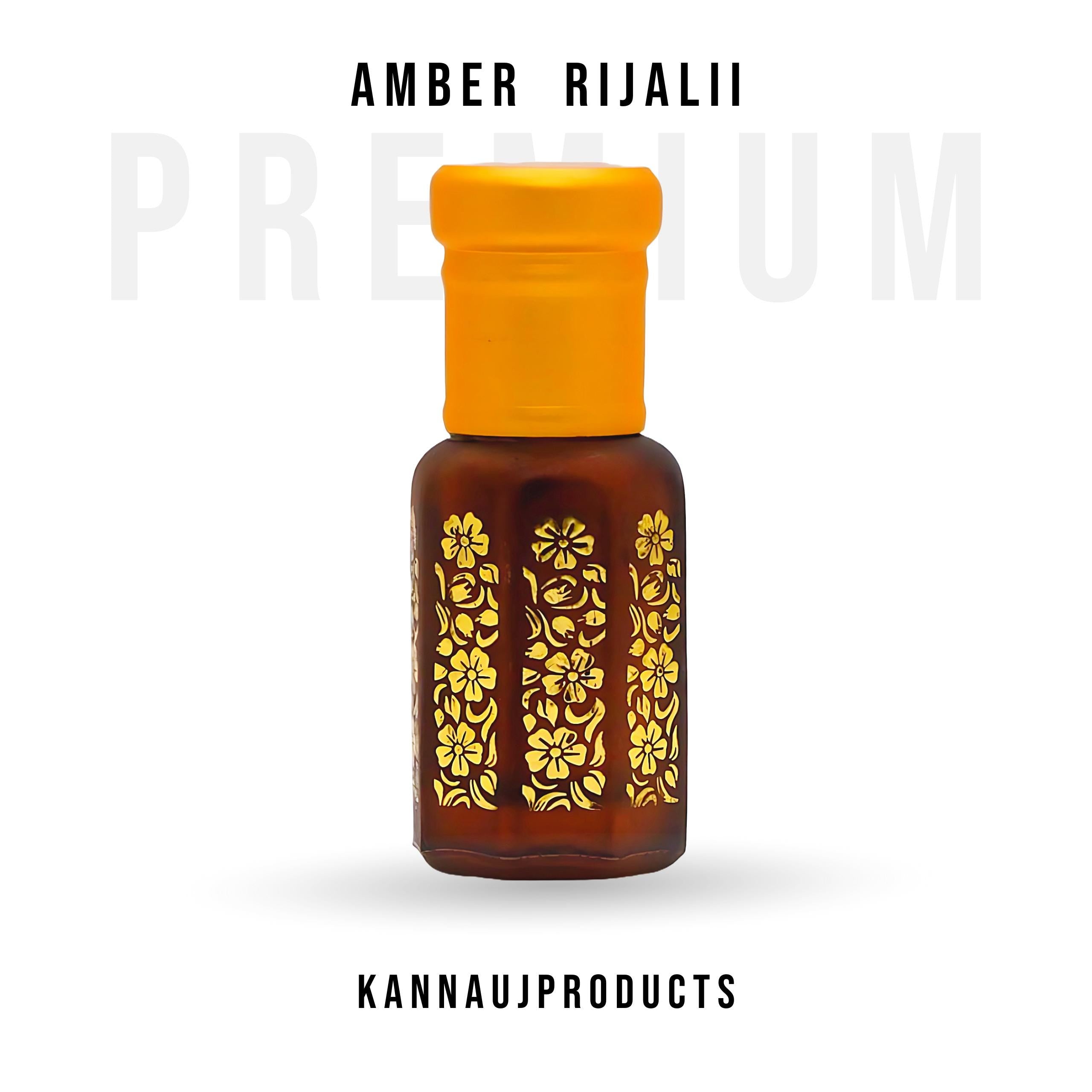 Amber Rijalii unisex attar perfume brown glass bottle with yellow cap gold floral pattern Kannauj Products