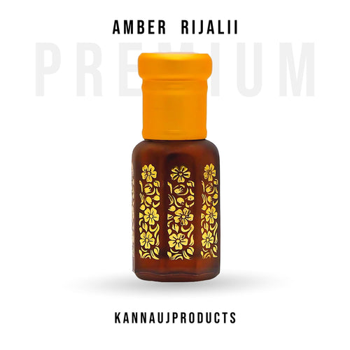 Amber Rijalii unisex attar perfume brown glass bottle with yellow cap gold floral pattern Kannauj Products