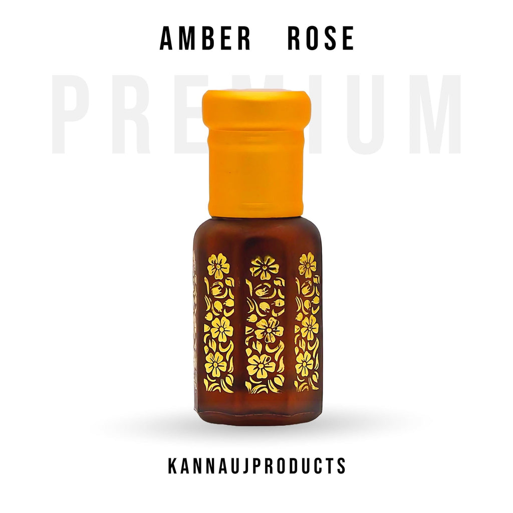 Kannauj Products Amber Rose Attar oil non alcoholic brown floral glass bottle with yellow cap natural perfume oil
