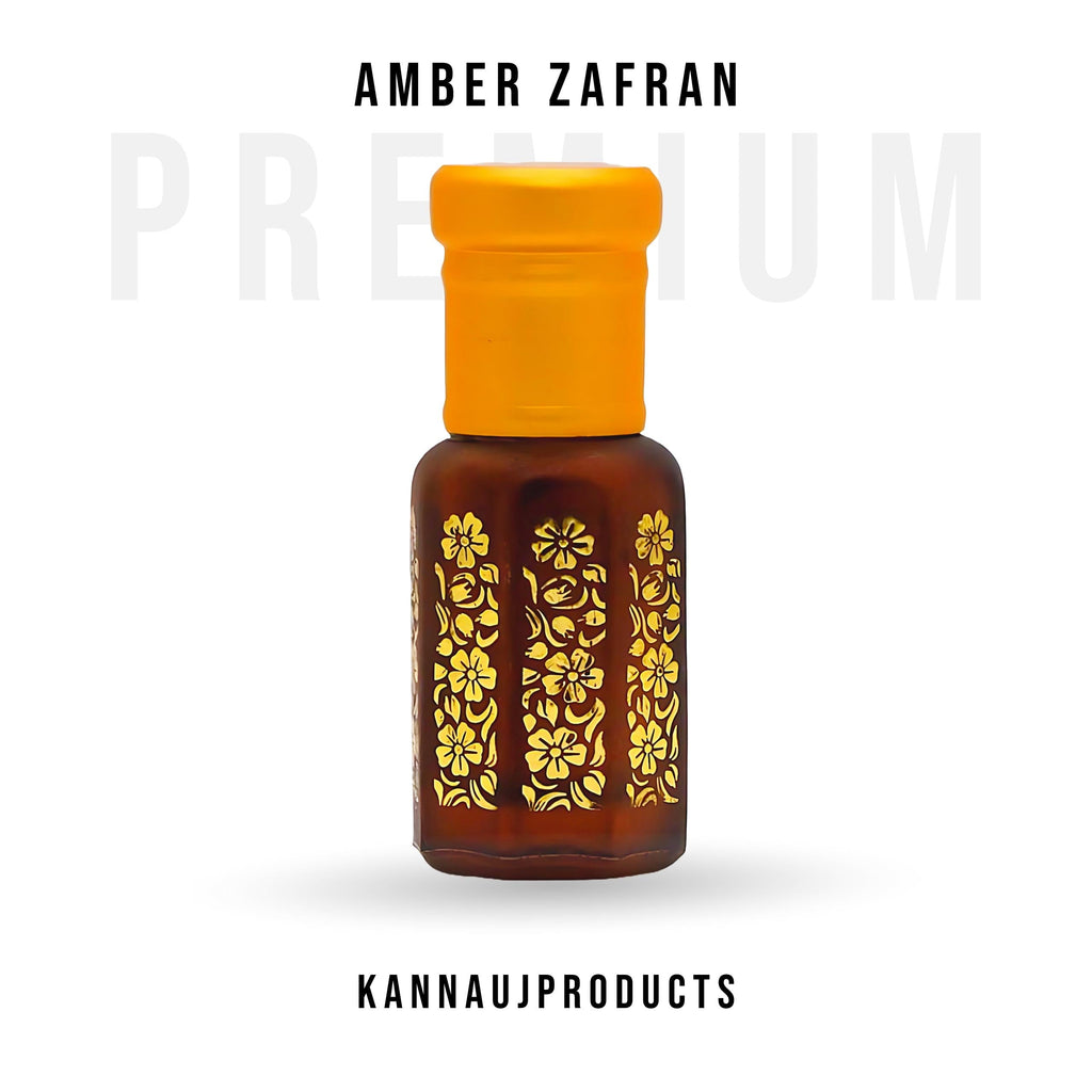 Amber Zafran attar perfume oil brown glass bottle with yellow cap and gold floral design