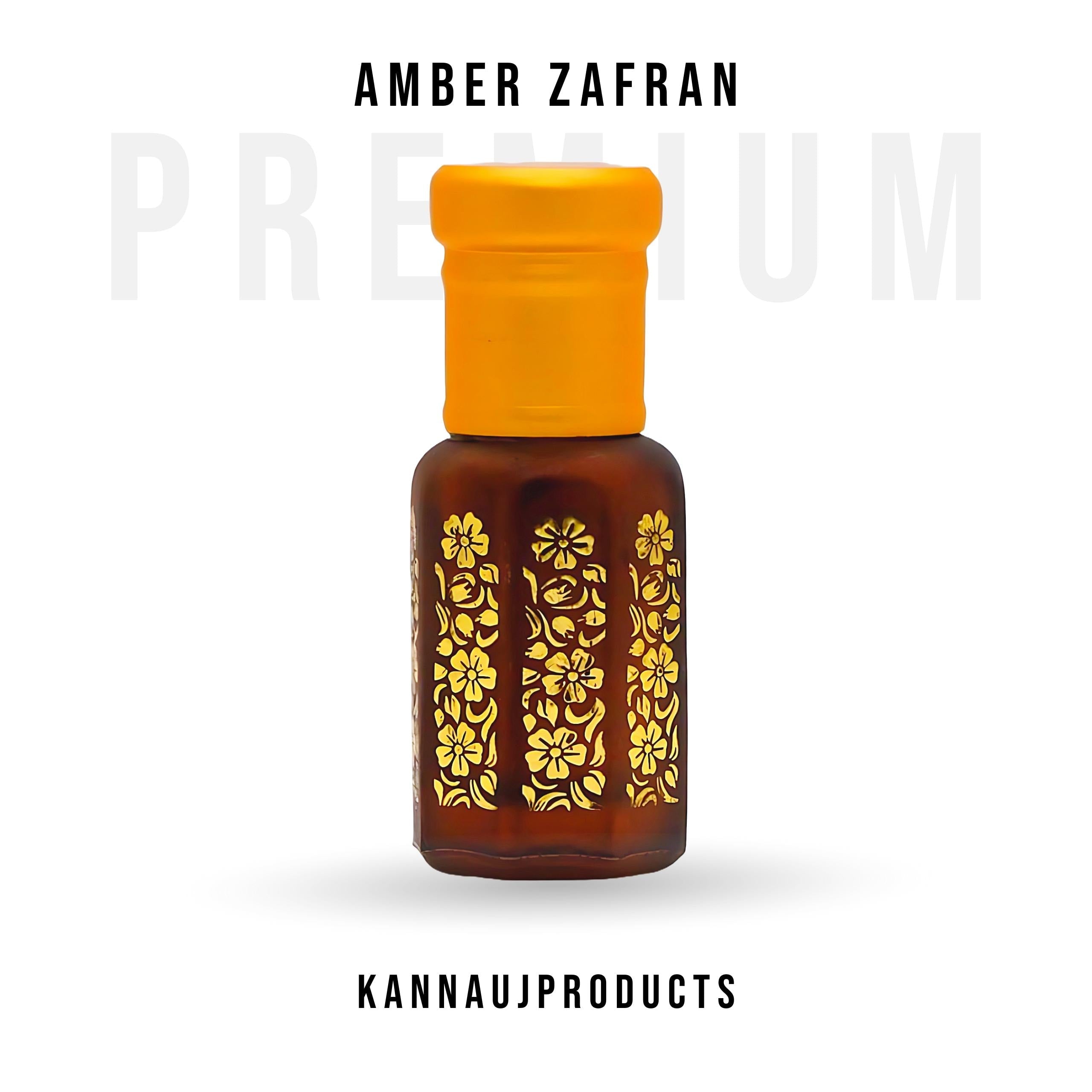 Amber Zafran attar perfume oil brown glass bottle with yellow cap and gold floral design