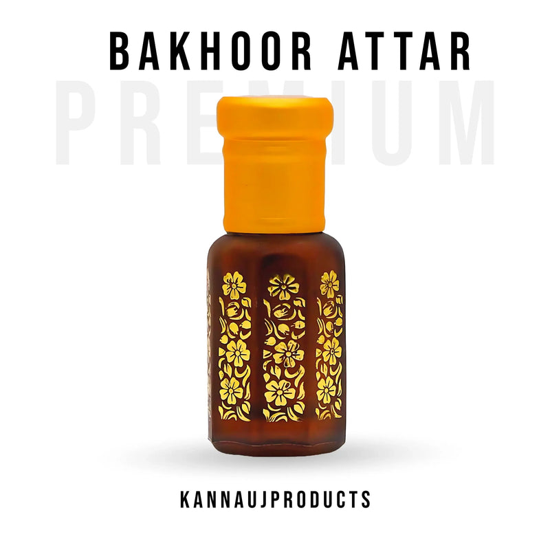 Authentic Kannauj bakhoor attar in a brown bottle with yellow floral design and cap by Kannauj products