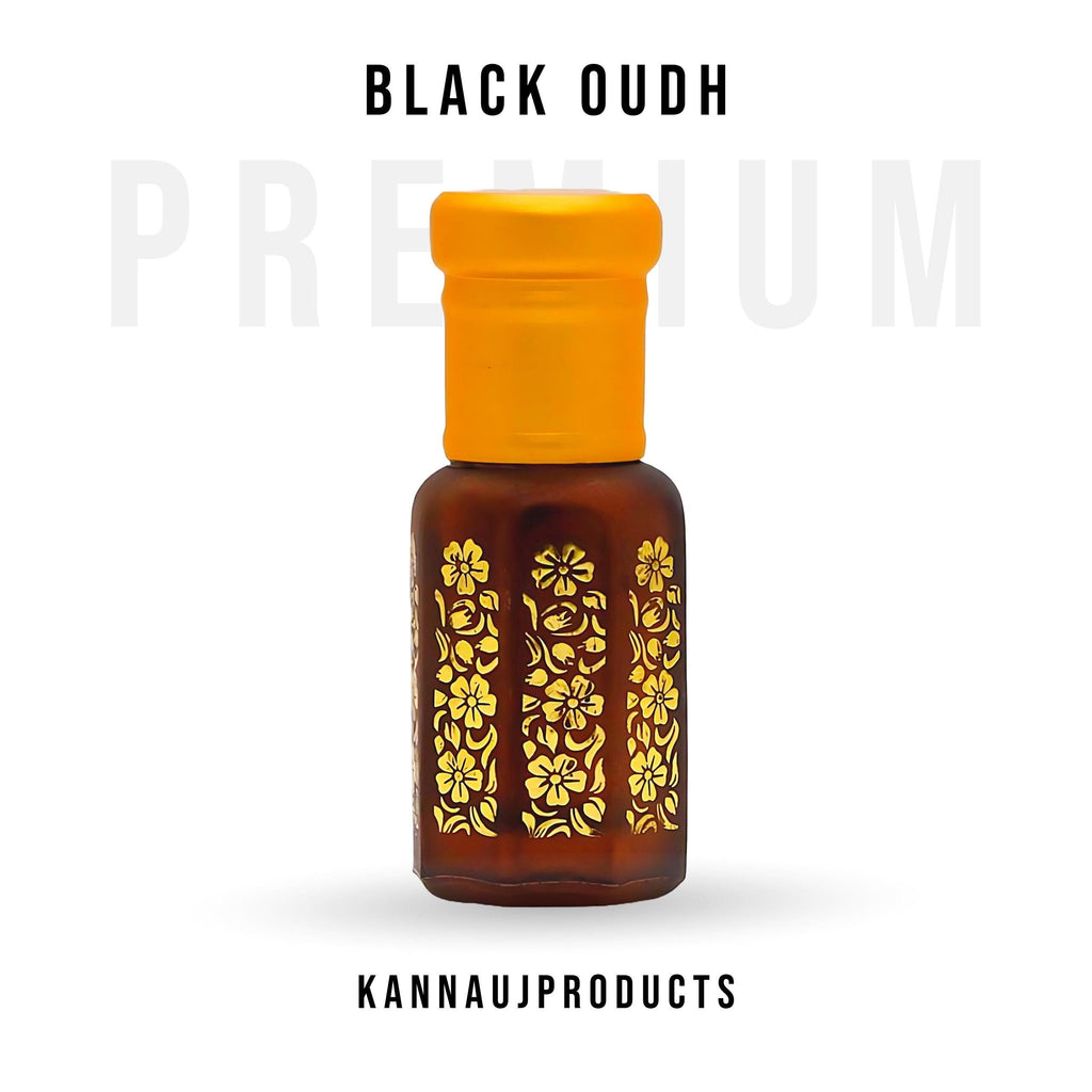 Kannauj Products black oudh perfume oil in decorative brown bottle with orange cap
