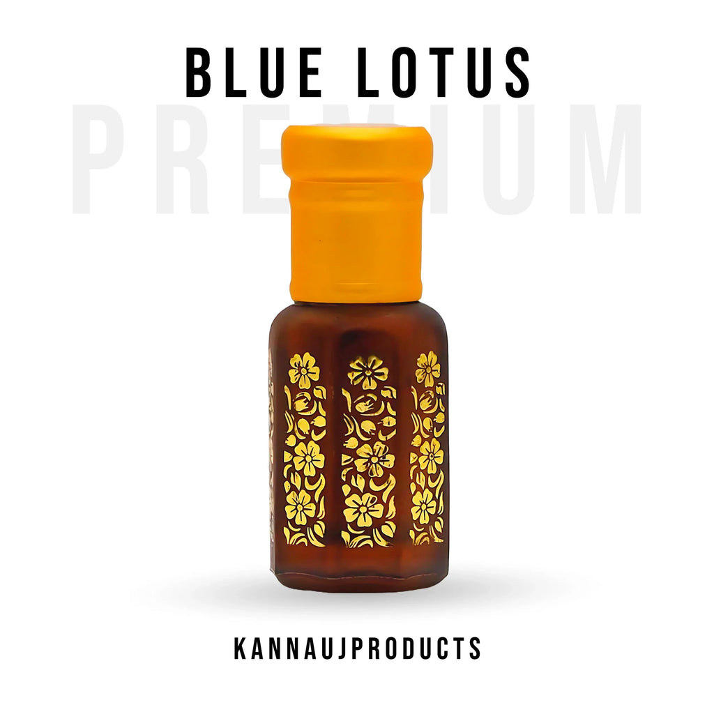 Kannauj Products blue lotus attar oil in a decorative brown bottle with yellow floral design and orange cap