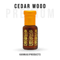 Kannauj products cedarwood attar non-alcoholic in a brown bottle with yellow floral designs and orange cap