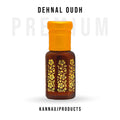 Dehnul Oudh attar in brown glass bottle with yellow cap and gold floral design by Kannauj Products