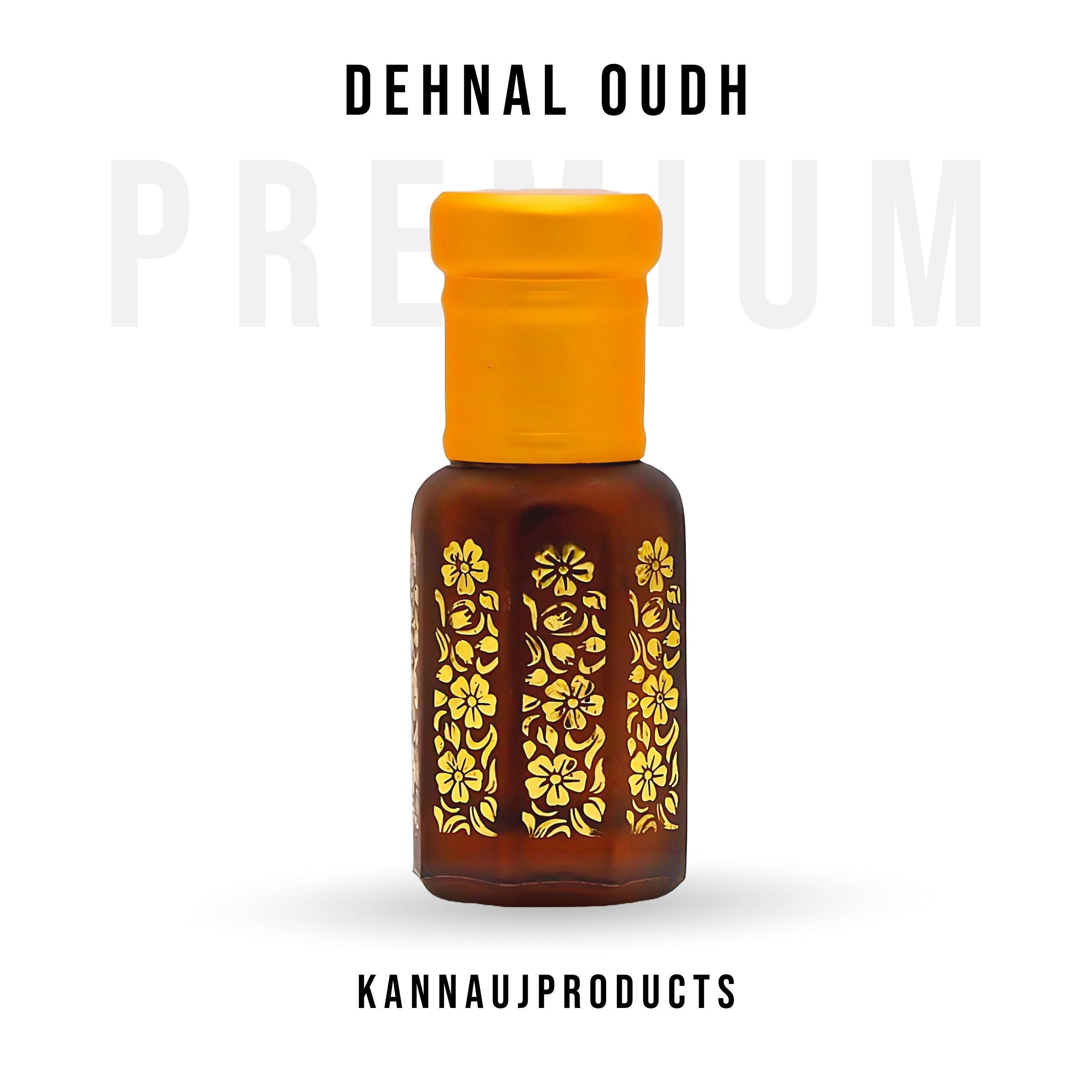 Dehnul Oudh attar in brown glass bottle with yellow cap and gold floral design by Kannauj Products