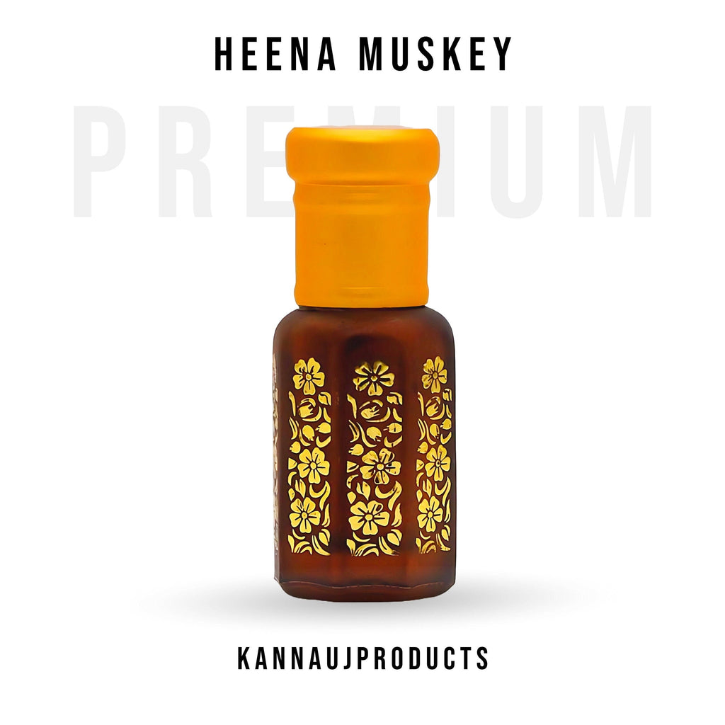Kannauj Products henna muskey attar amber glass bottle with yellow cap and gold floral design