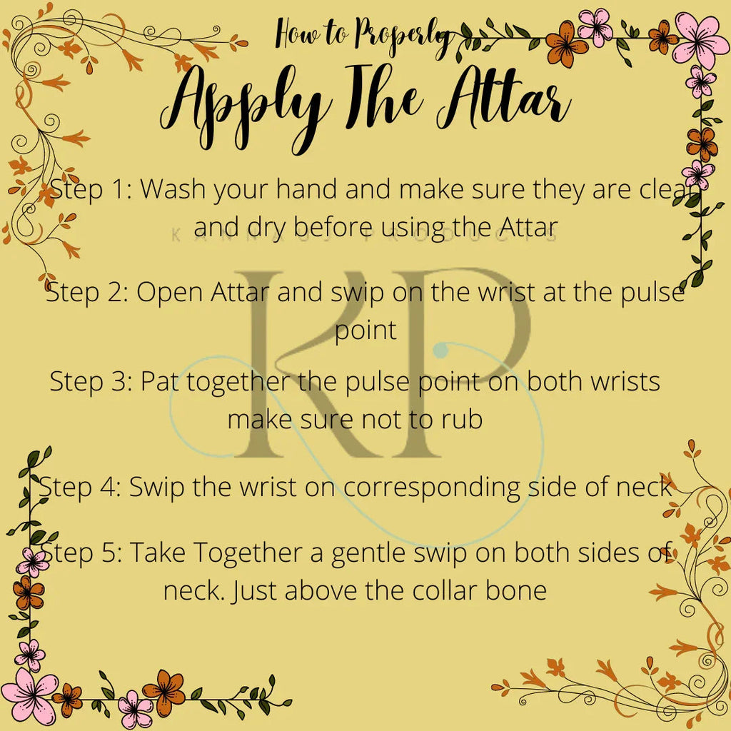 Instruction card on how to properly apply henna muskey attar by Kannauj products with floral border design