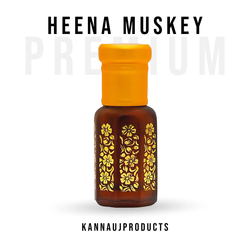 Kannauj products henna muskey attar bottle with floral golden design and orange cap