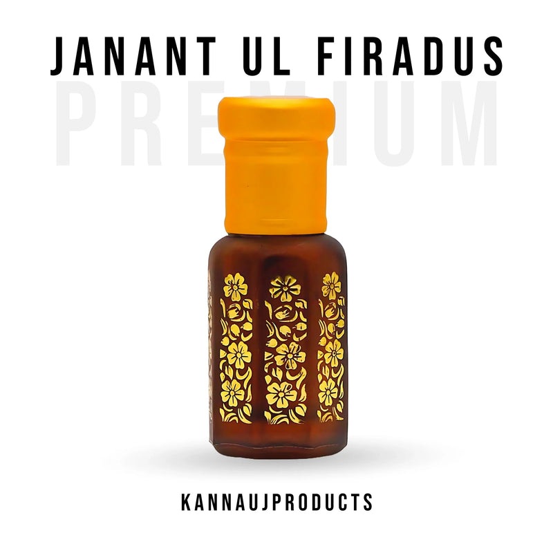 Jannat Ul Firdous attar bottle by Kannauj Products with yellow cap and floral design
