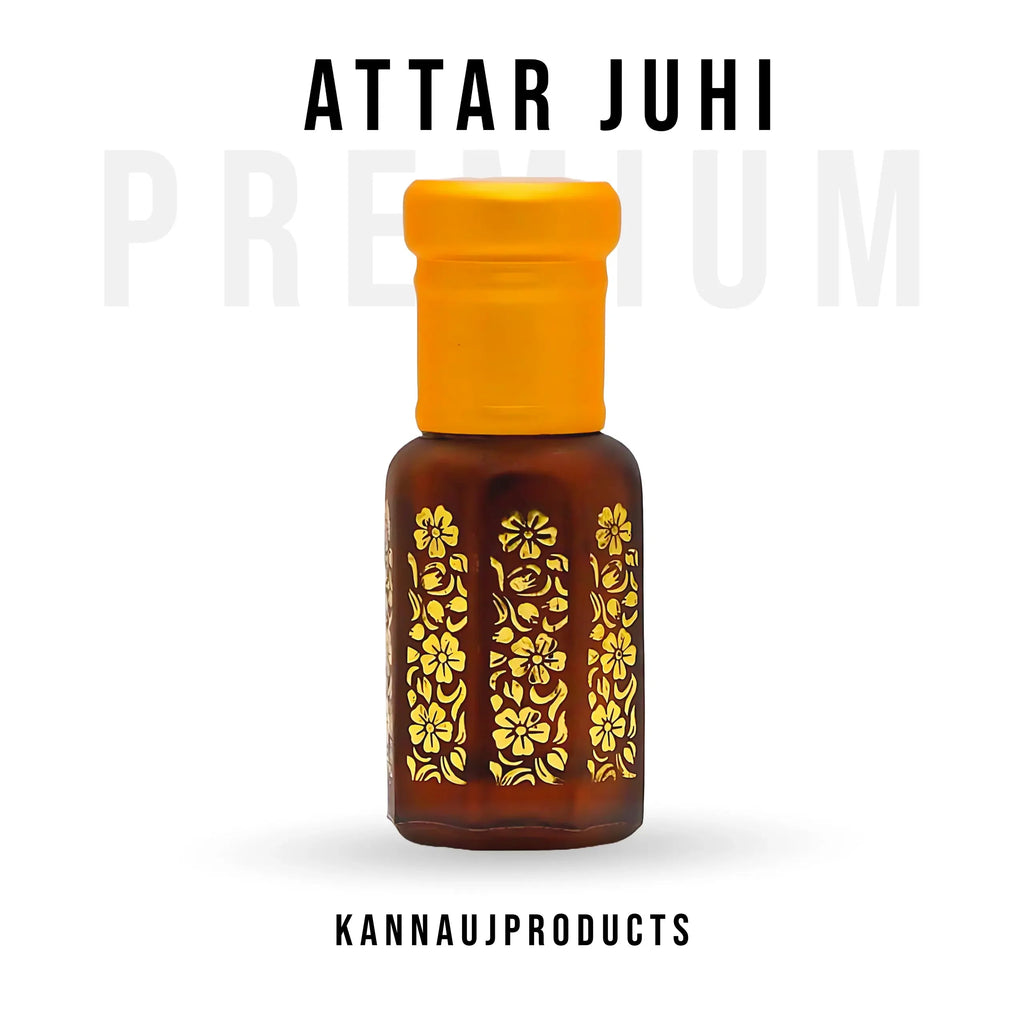 Kannauj products Juhi attar perfume in a decorated brown bottle with yellow cap