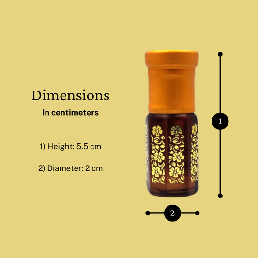 Kannauj products Kesar Chandan attar bottle with golden floral design and orange cap showing dimensions