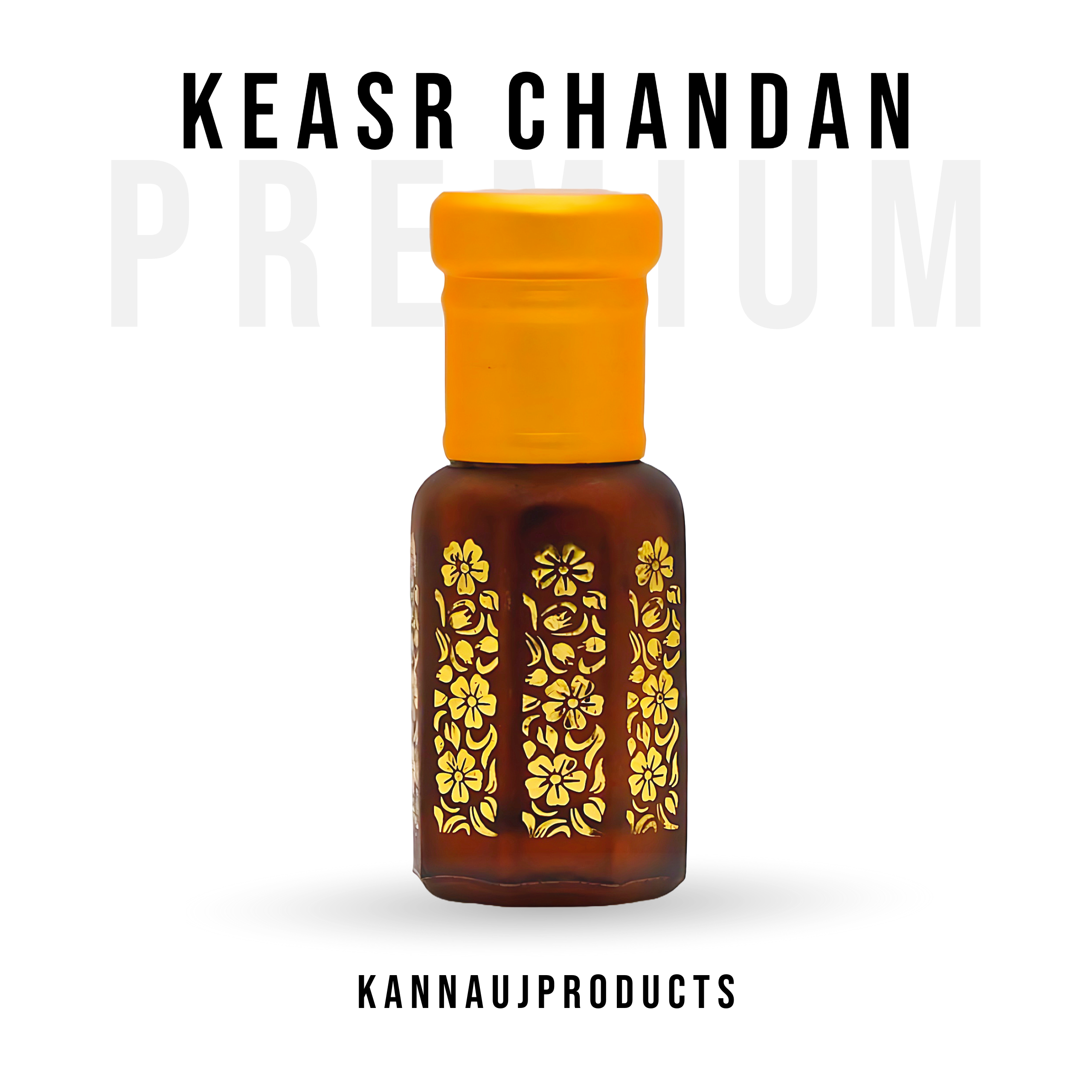 Kesar Chandan attar bottle by Kannauj Products with floral gold design and orange cap