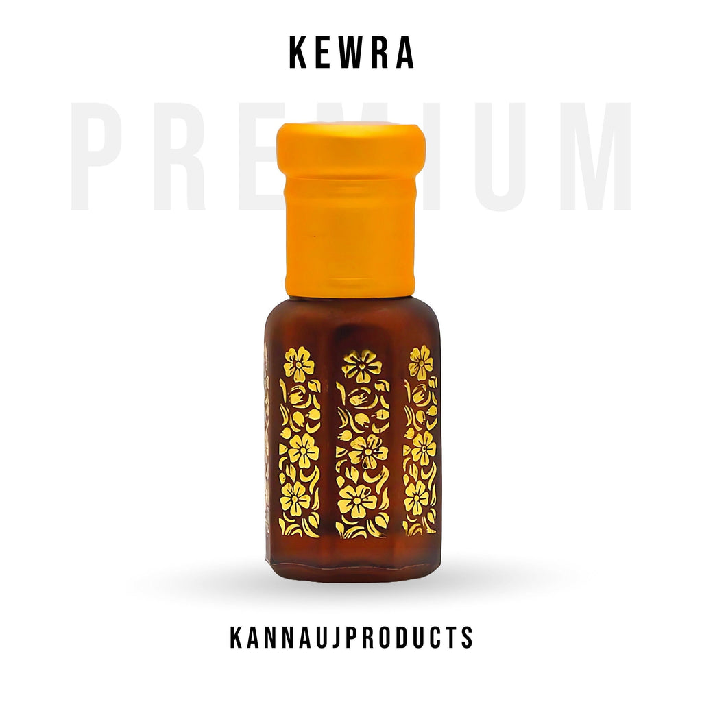 Kannauj Products kewra attar premium oil amber bottle with yellow cap and gold floral design