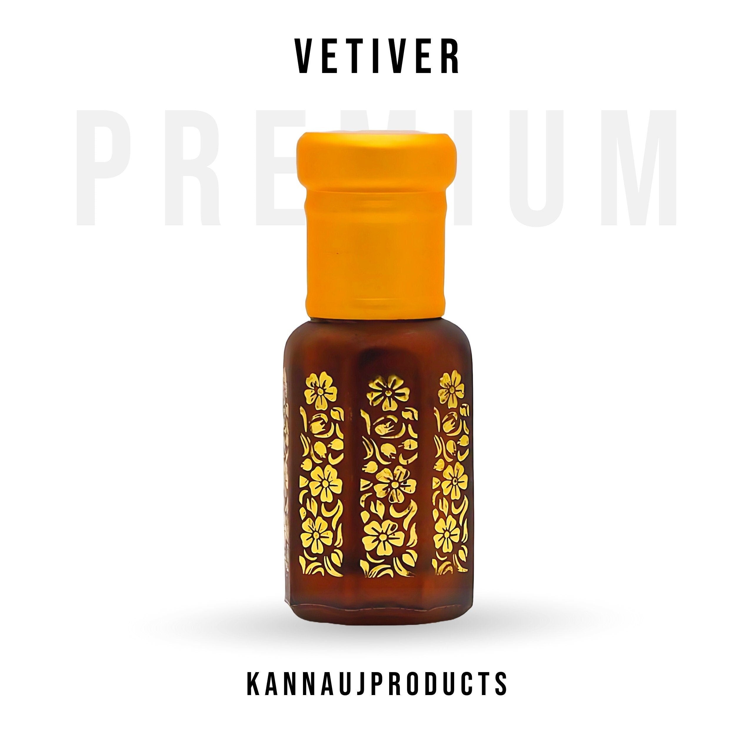 Kannauj Products vetiver khus attar non alcoholic in amber glass bottle with yellow floral design and cap
