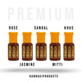 Kannauj Products Luxury attar combo set of five ornate brown bottles with orange caps labeled Rose Jasmine Sandal Mitti Khus