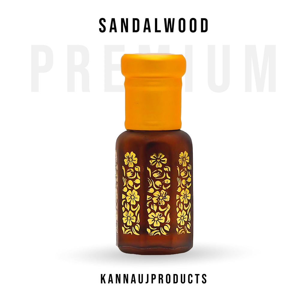 Kannauj Products mysore sandalwood attar amber glass bottle with yellow cap and gold floral design