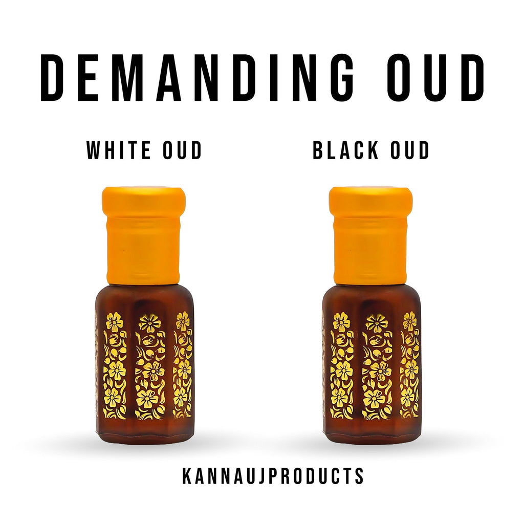 Kannauj Products oud attar combo set with white oud and black oud in decorated brown bottles with orange caps