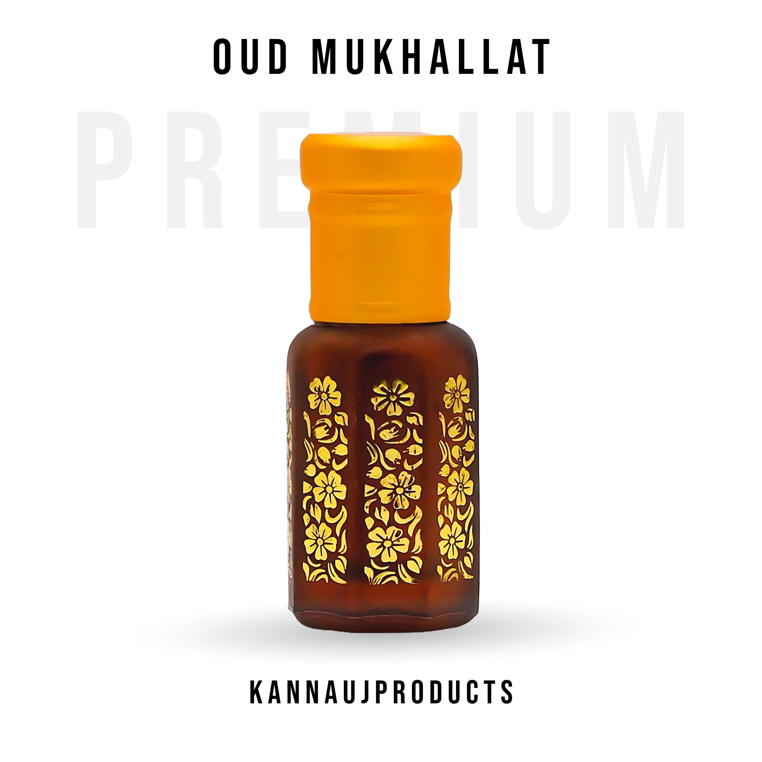 Kannauj Products oud mukhallat attar in brown glass bottle with yellow cap and gold floral design