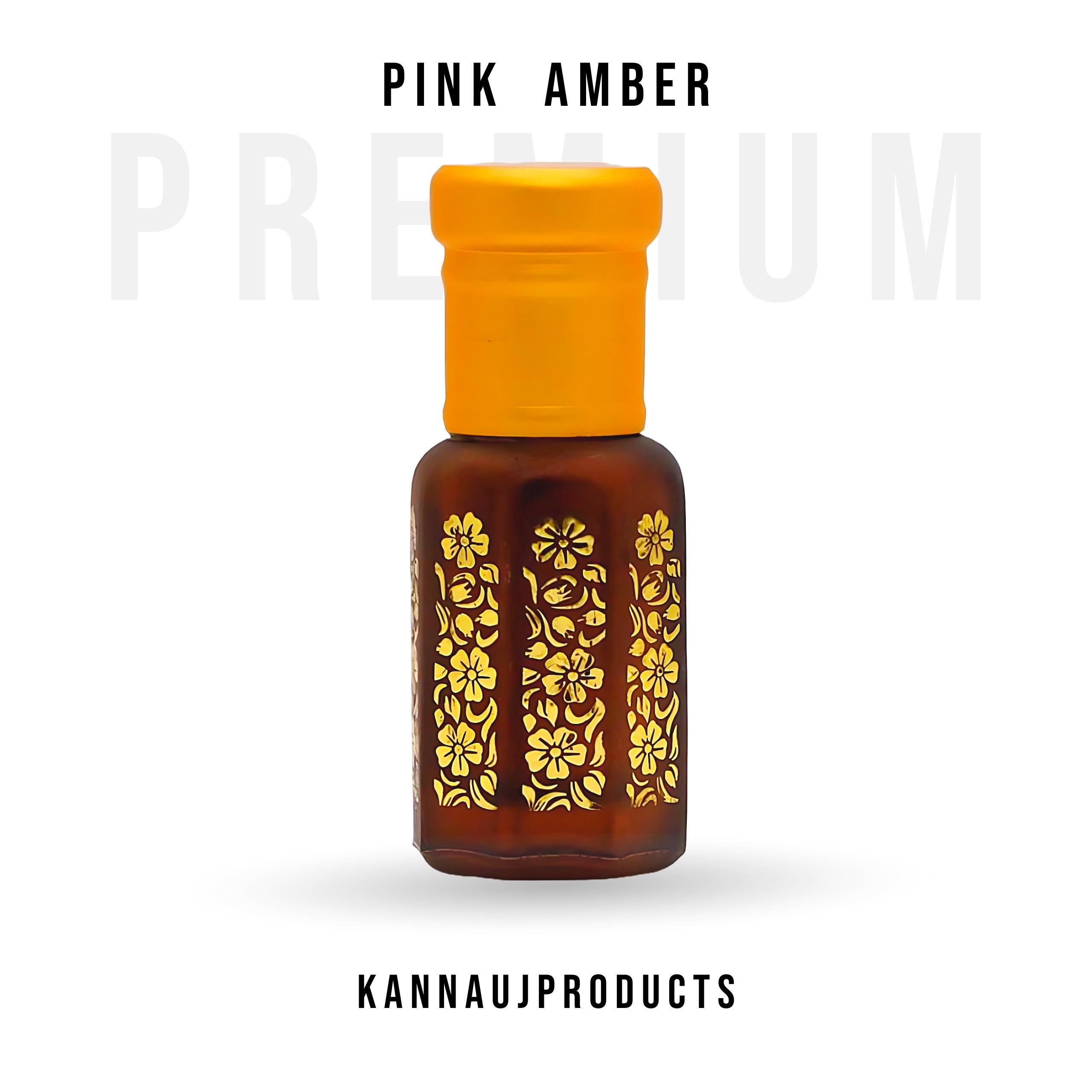 Kannauj Products pink amber attar perfume oil in amber glass bottle with yellow cap and gold floral design