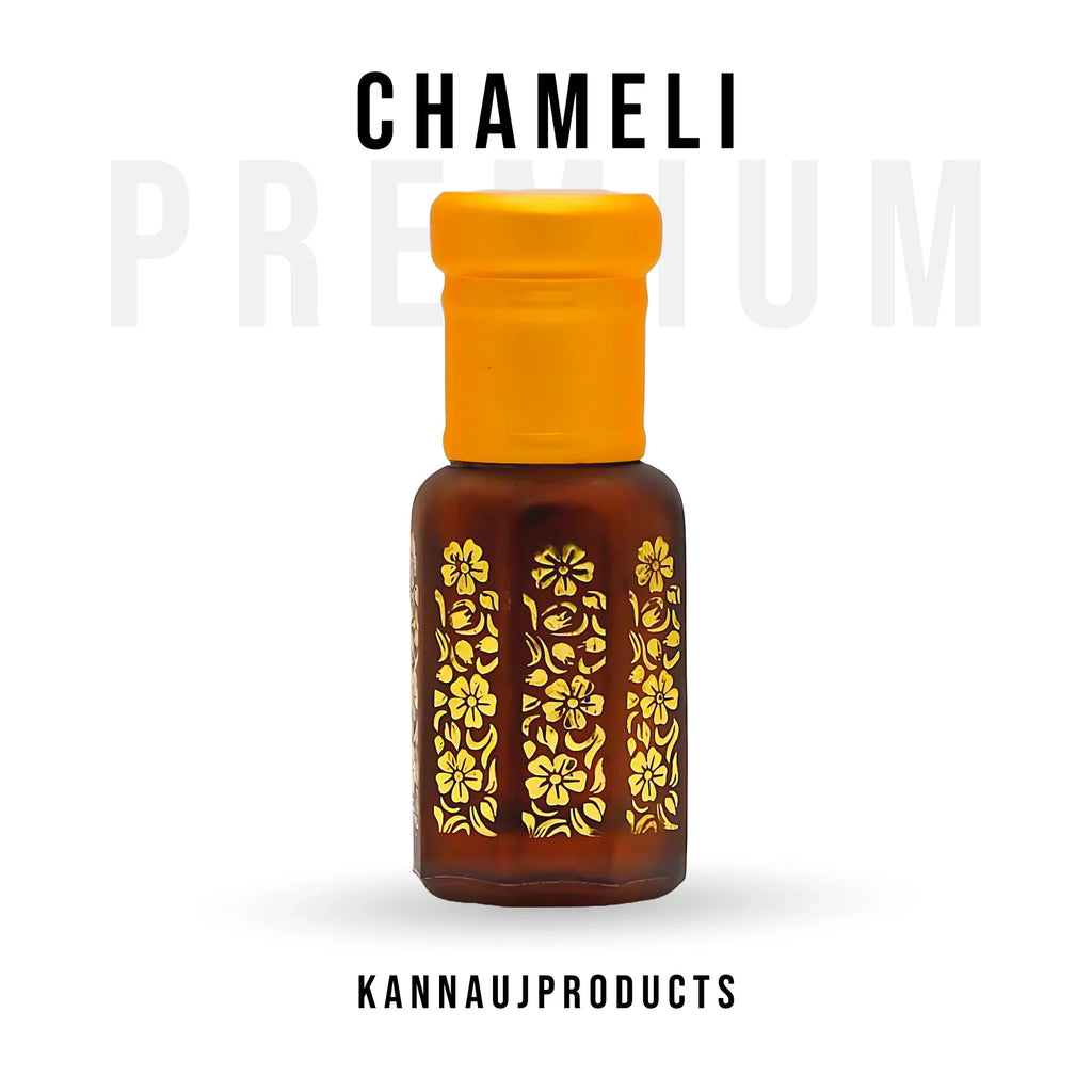 Premium chameli attar oil bottle by Kannauj products with floral design and orange cap