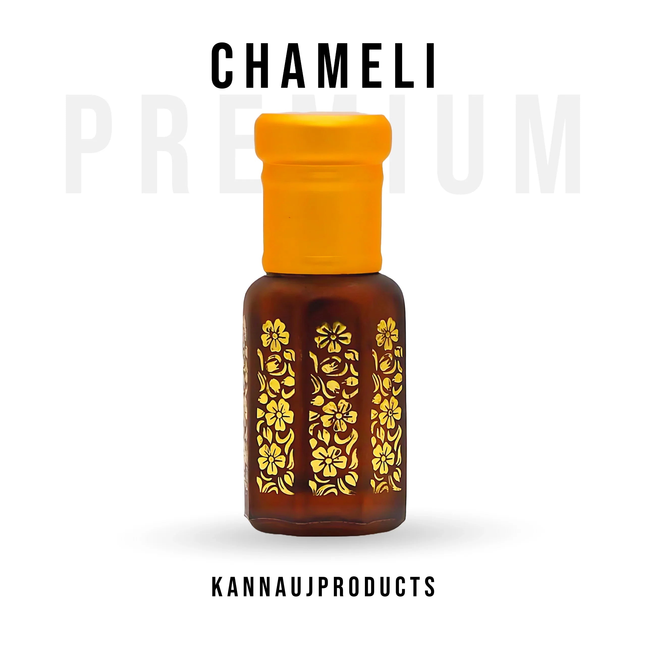Premium chameli attar oil bottle by Kannauj products with floral design and orange cap