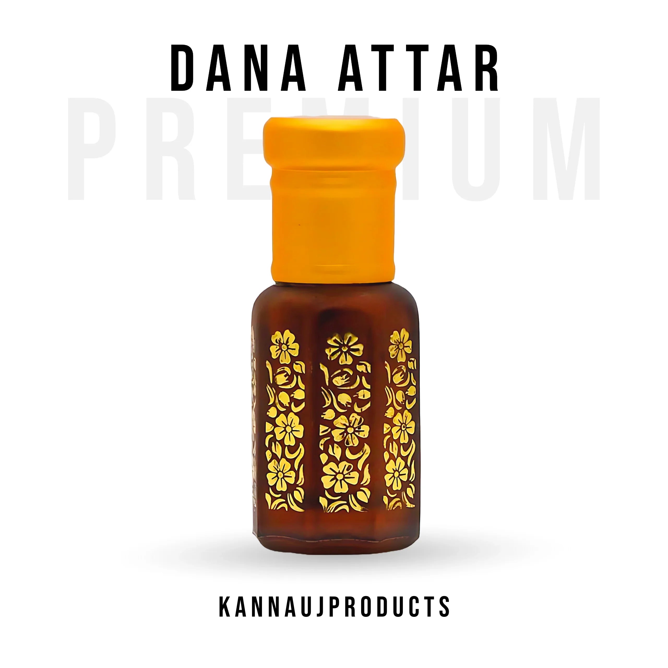 Kannauj products premium dana attar in brown bottle with yellow cap and floral design