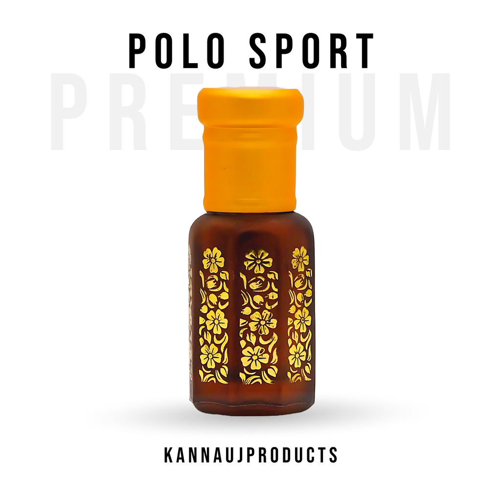 Brown glass attar bottle with yellow cap and gold floral pattern by Kannauj products premium polo sport attar oil