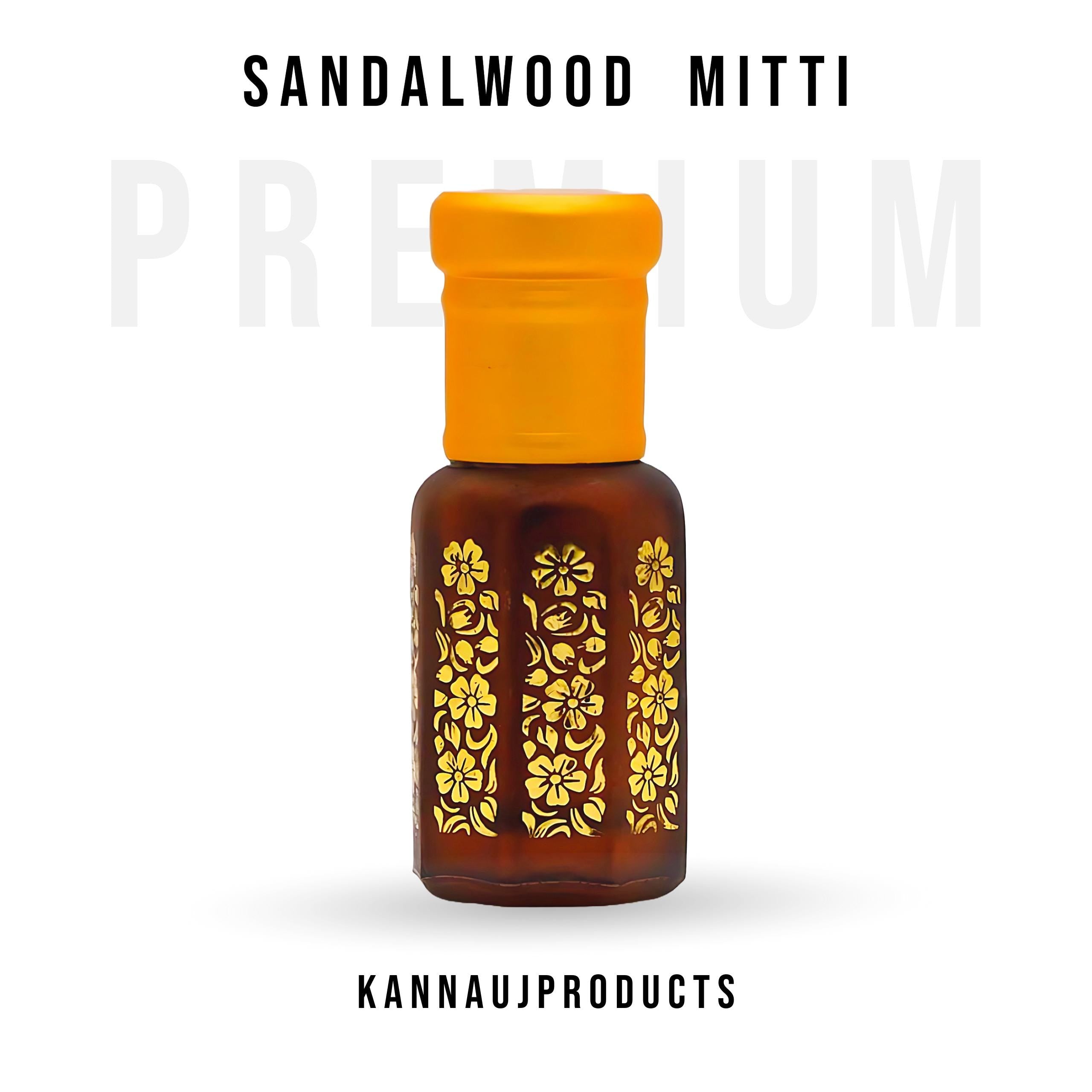 Kannauj Products sandalwood mitti bottle with yellow cap and gold floral design pure mitti attar