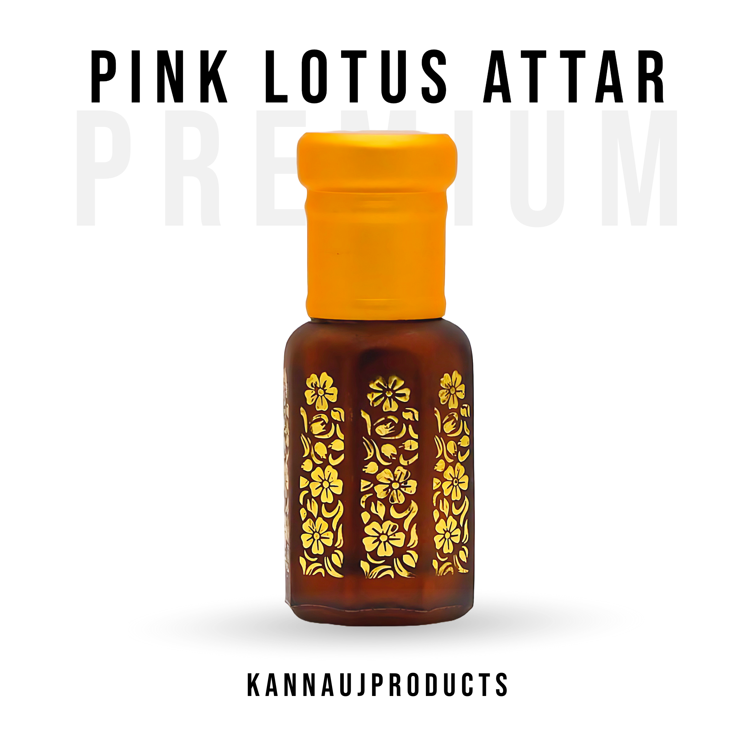 Kannauj products pure pink lotus attar in a small brown bottle with yellow floral designs and orange cap