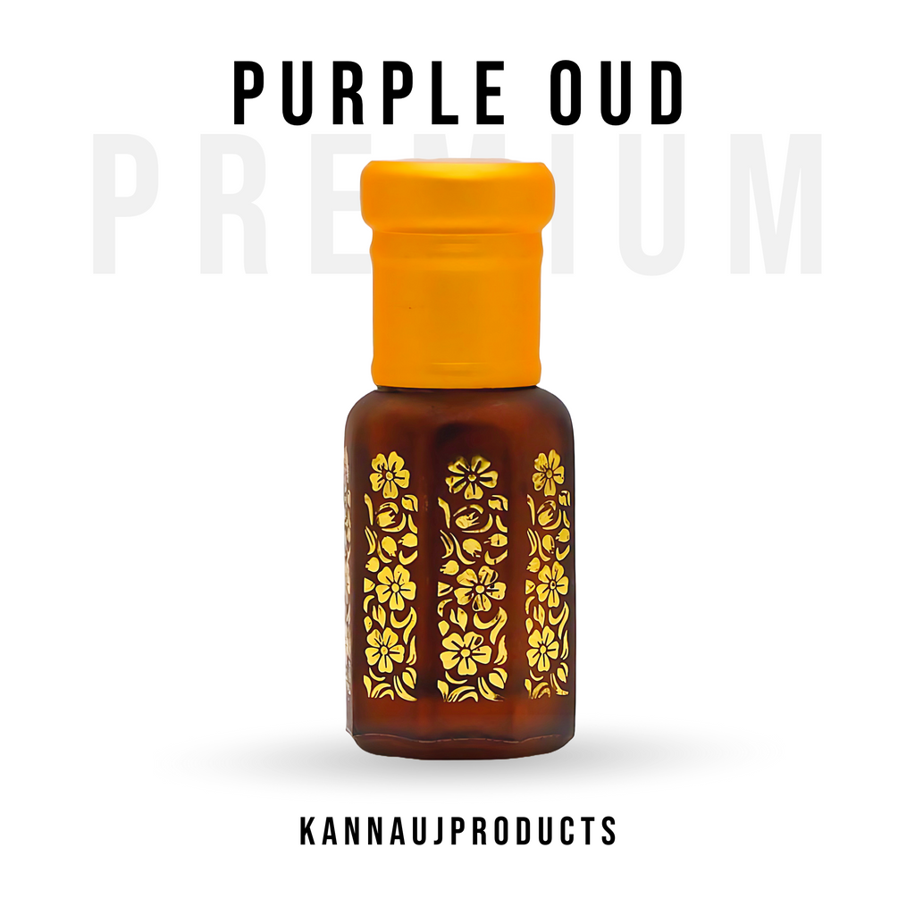 Kannauj products purple oud attar oil in brown glass bottle with yellow cap and gold floral design