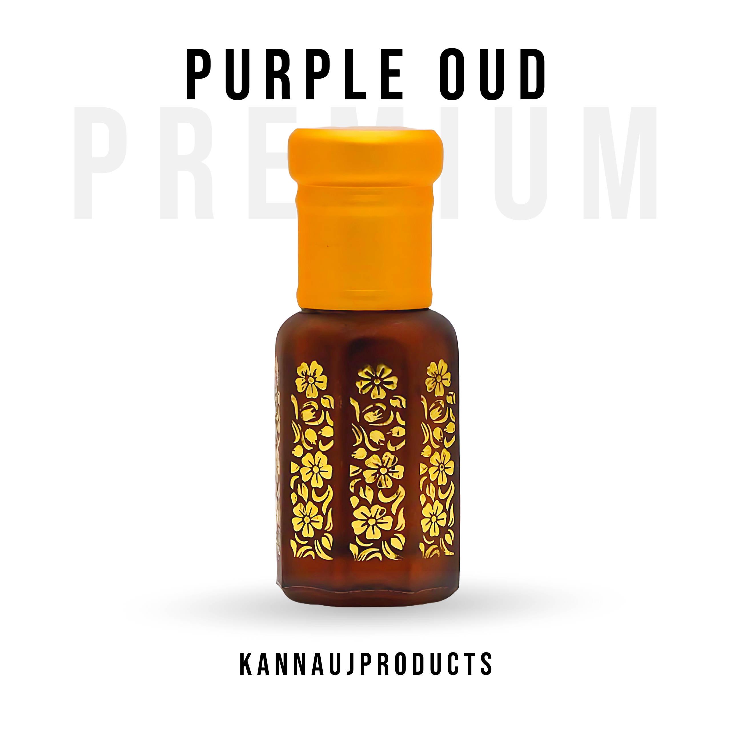 Kannauj products purple oud attar oil in brown glass bottle with yellow cap and gold floral design