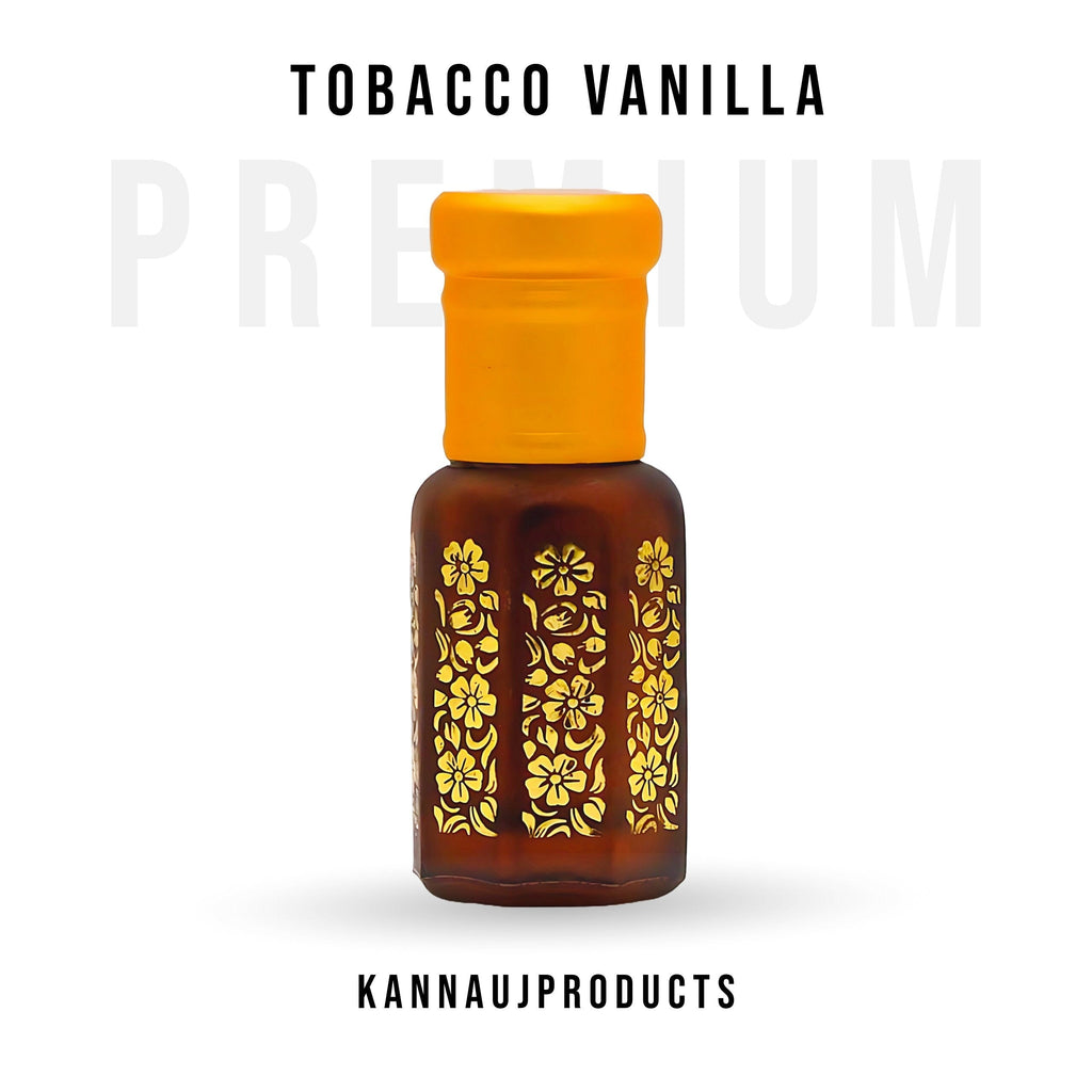 Kannauj Products tobacco vanilla attar amber glass bottle with yellow cap and gold floral design
