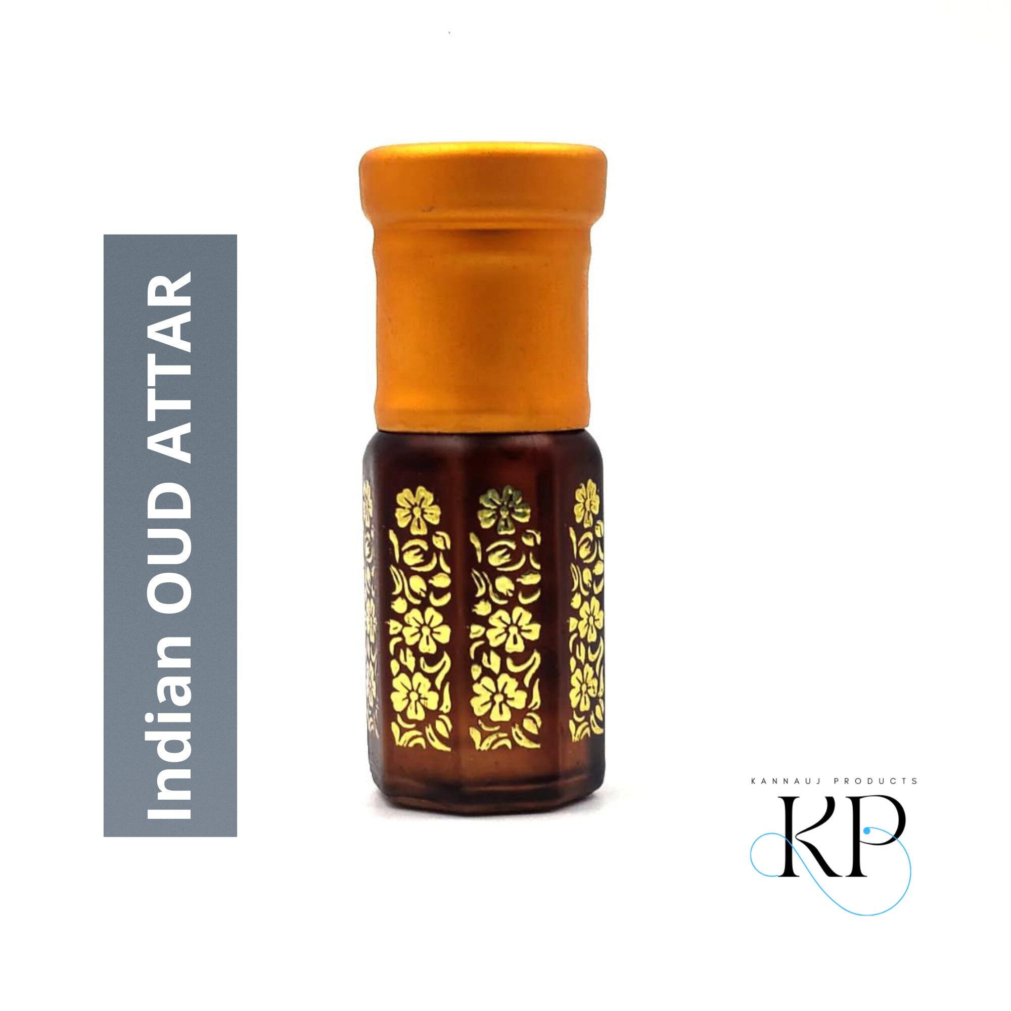 Kannauj Products Indian oud attar bottle with gold floral design and gold cap black musk attar non alcoholic