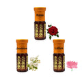 Kannauj attar combo set three amber glass attar bottles labeled Rose Jasmine Lotus traditional perfume