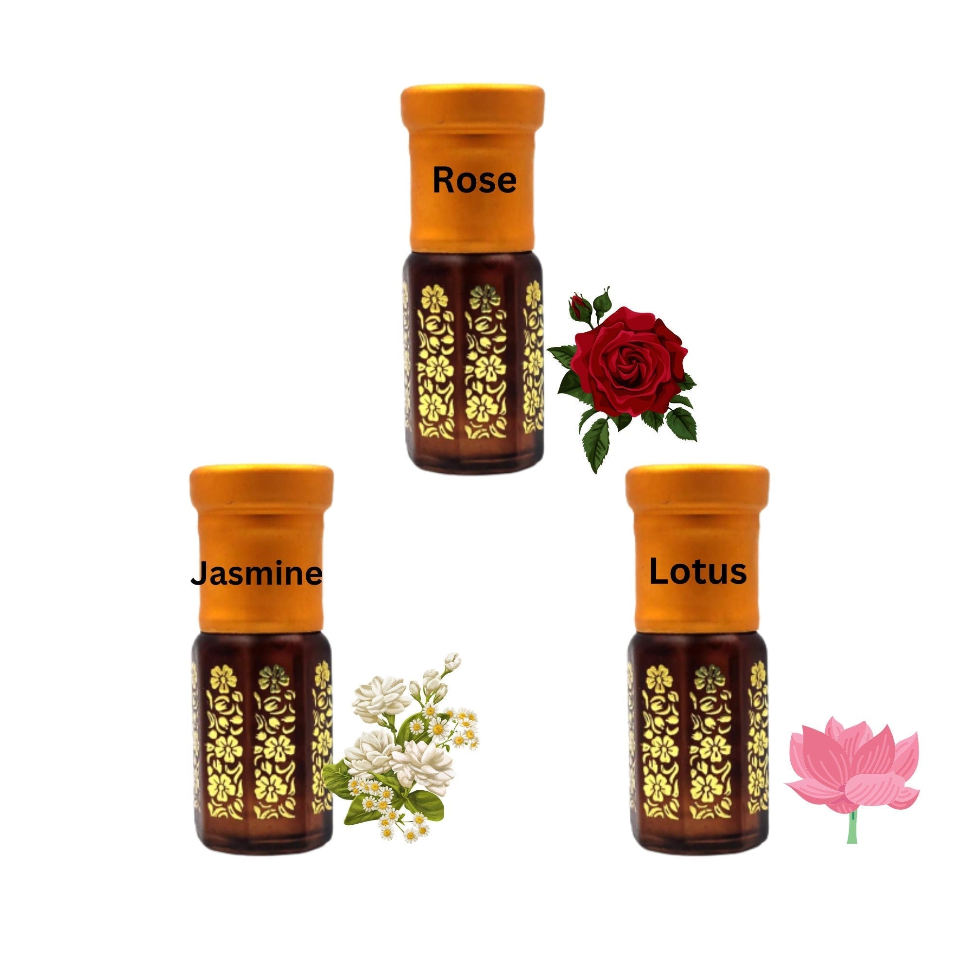 Kannauj attar combo set three amber glass attar bottles labeled Rose Jasmine Lotus traditional perfume