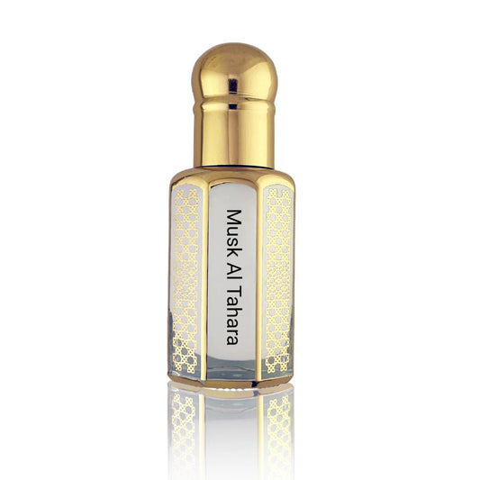 Musk Al Tahara attar bottle by Kannauj Products gold capped ornate glass bottle for pure fragrance