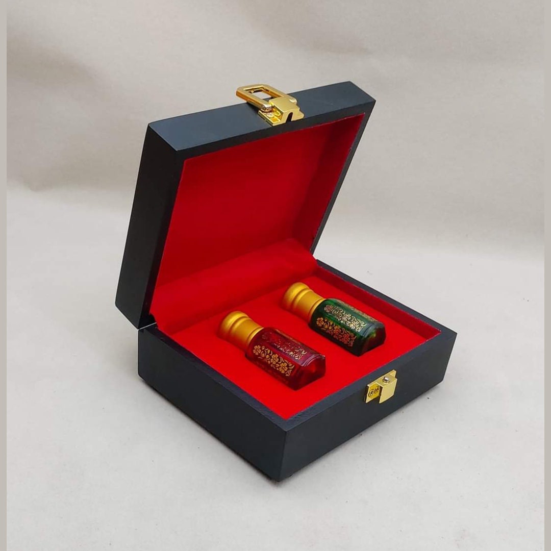 Kannauj Products premium attar gift box black lacquered case with red velvet interior and two ornate attar bottles