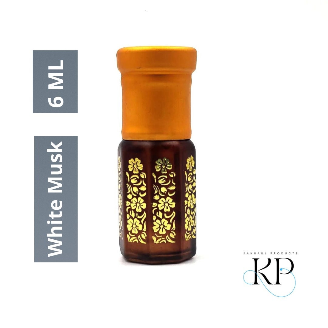 Kannauj Products white musk attar 6ml in brown glass bottle with gold floral pattern and orange cap
